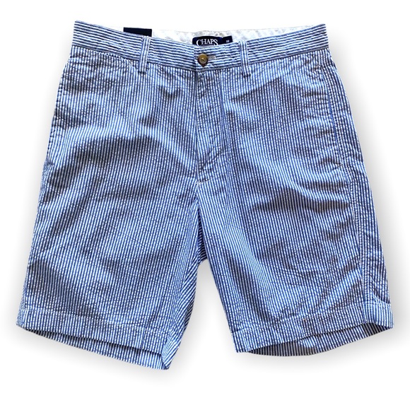 Chaps Seersucker High Waist Blue & White Pinstriped Long Flat Front Shorts - Picture 2 of 10